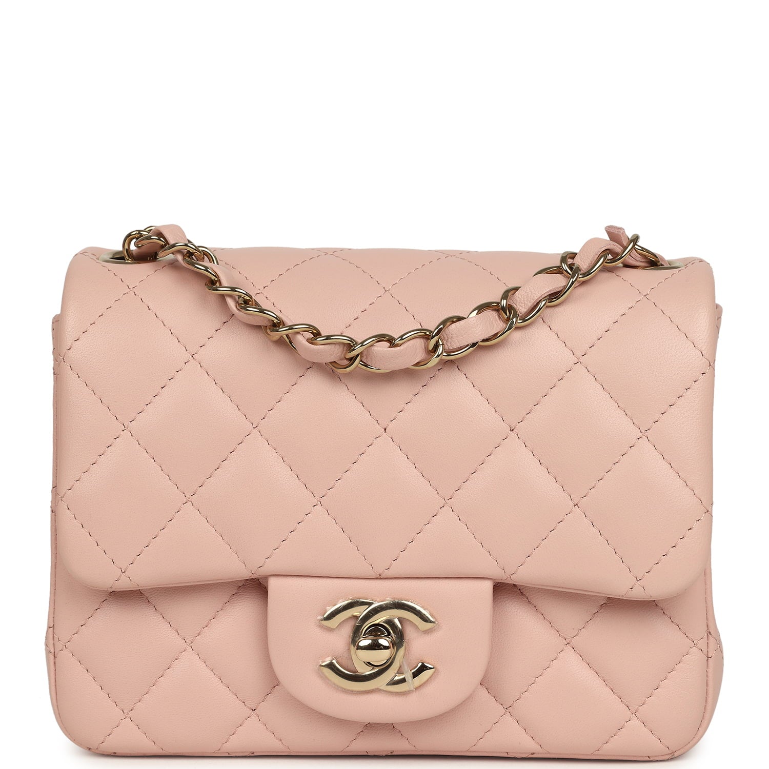 Mini Classic Square Flap Bag Pink Lambskin Light Gold Hardware