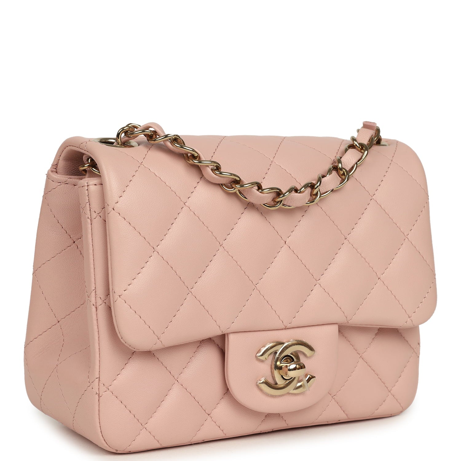 Mini Classic Square Flap Bag Pink Lambskin Light Gold Hardware