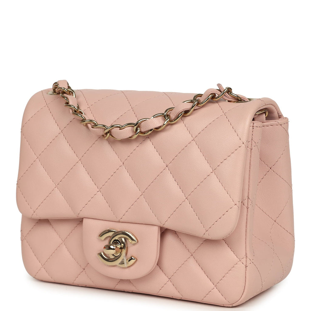 Mini Classic Square Flap Bag Pink Lambskin Light Gold Hardware