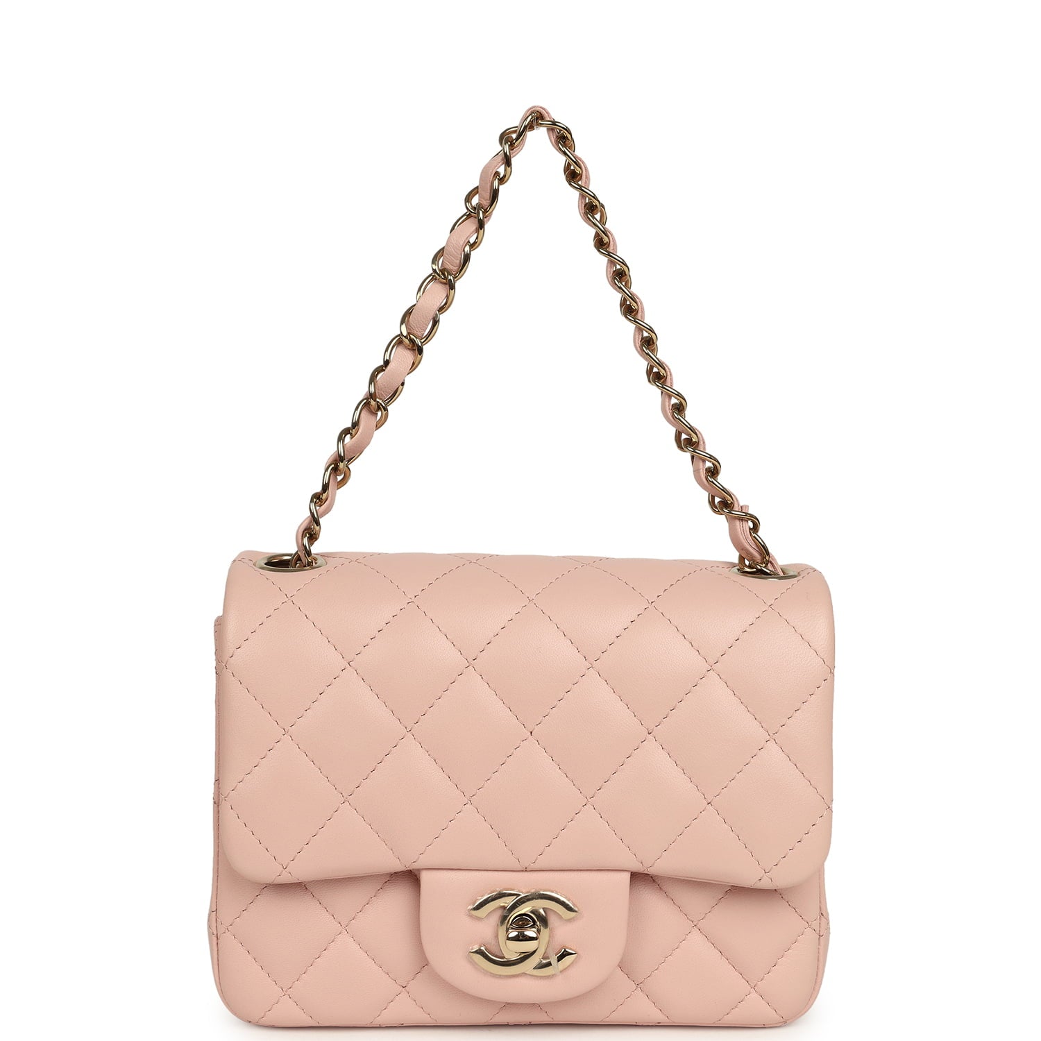 Mini Classic Square Flap Bag Pink Lambskin Light Gold Hardware