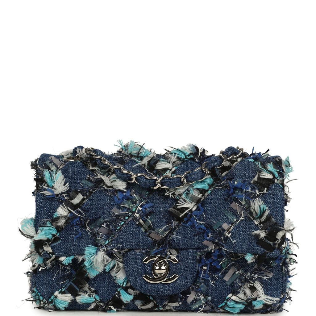 Mini Classic Rectangular Flap Bag Ribbon Tweed Blue Denim Silver Hardware