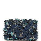 Mini Classic Rectangular Flap Bag Ribbon Tweed Blue Denim Silver Hardware