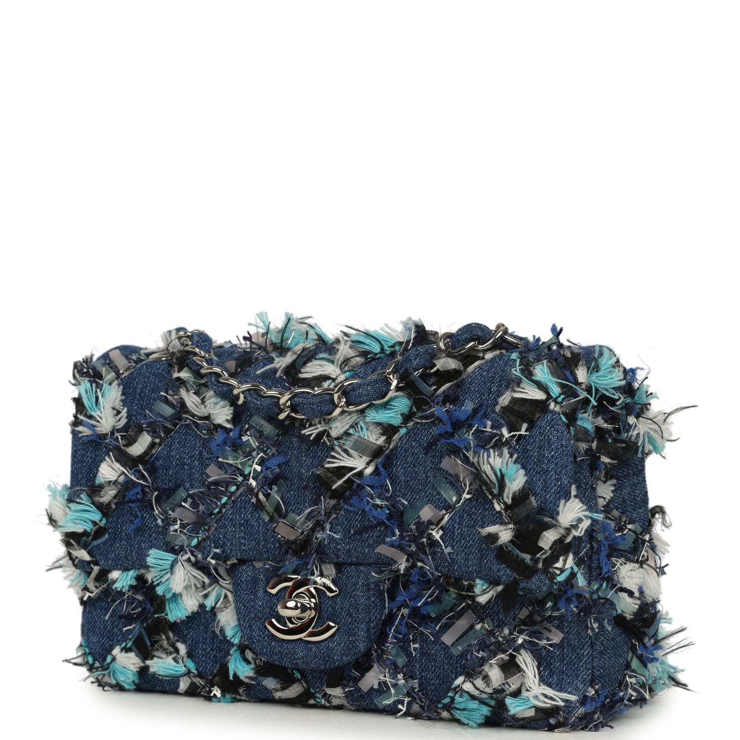 Mini Classic Rectangular Flap Bag Ribbon Tweed Blue Denim Silver Hardware