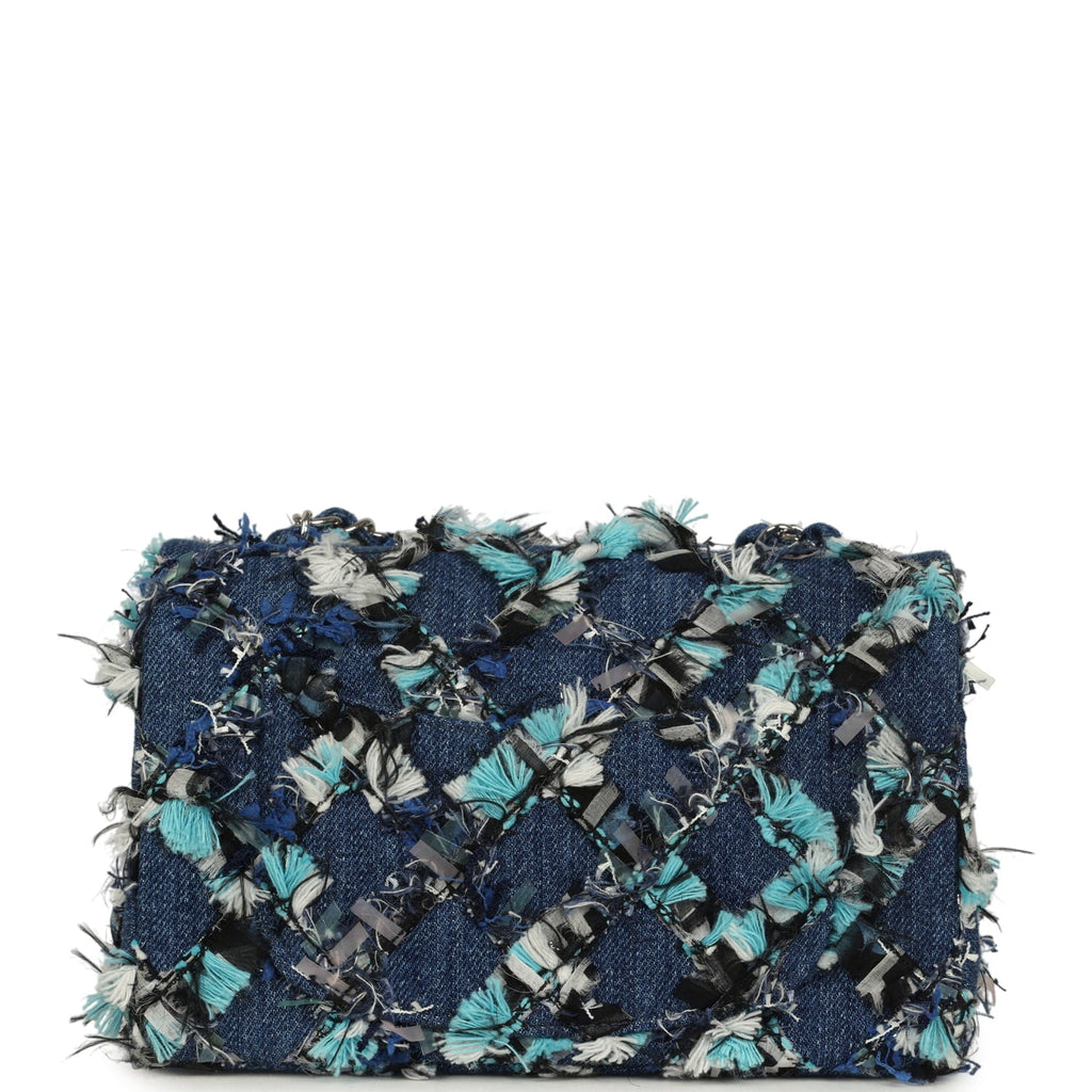 Mini Classic Rectangular Flap Bag Ribbon Tweed Blue Denim Silver Hardware