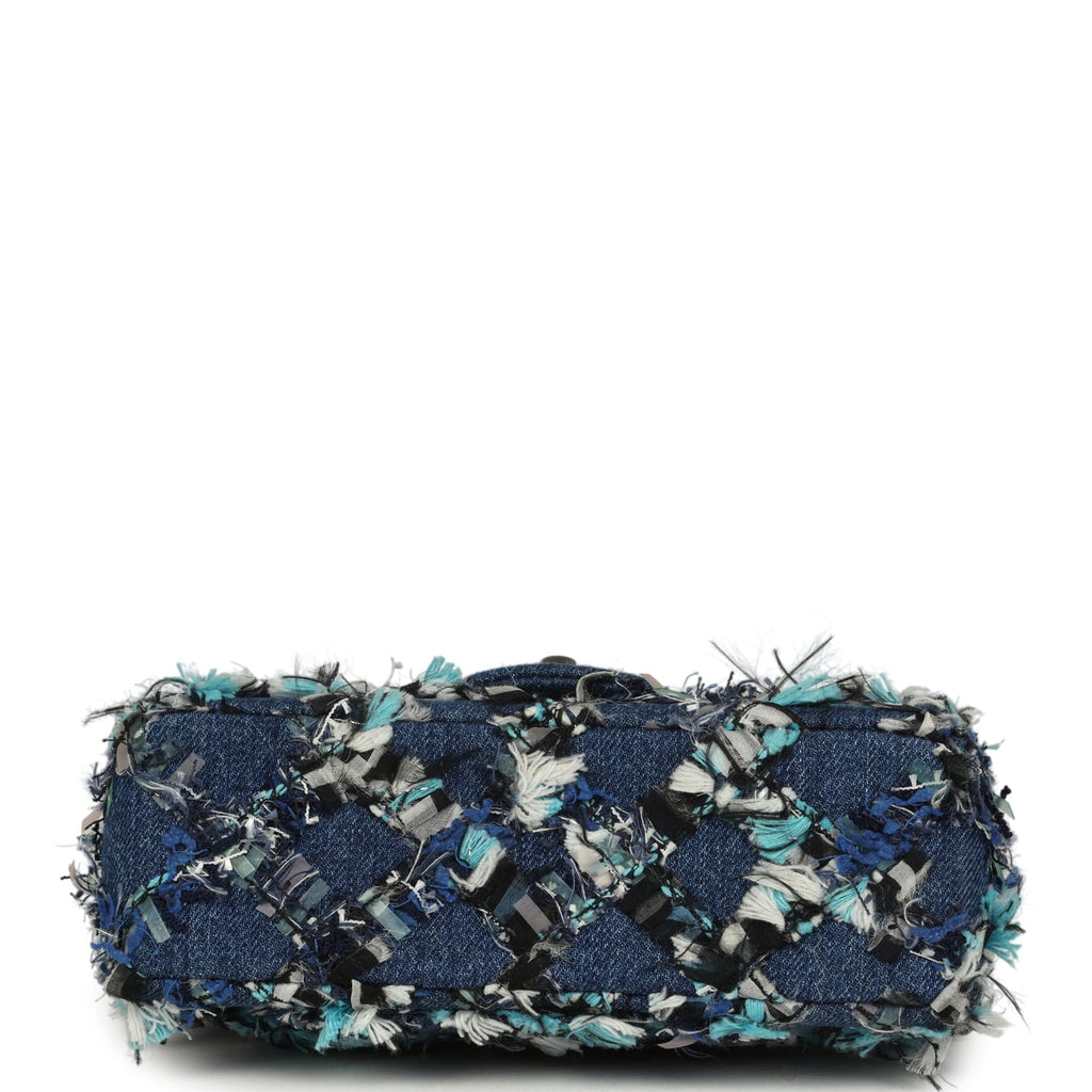 Mini Classic Rectangular Flap Bag Ribbon Tweed Blue Denim Silver Hardware