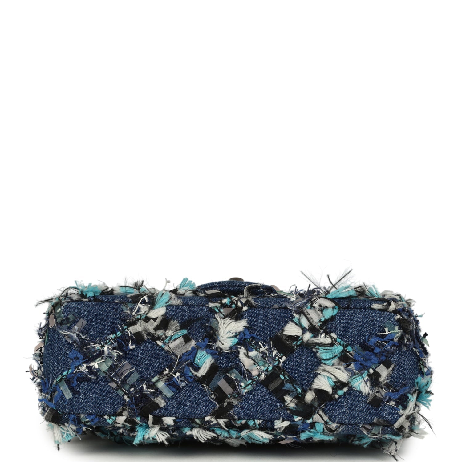 Mini Classic Rectangular Flap Bag Ribbon Tweed Blue Denim Silver Hardware