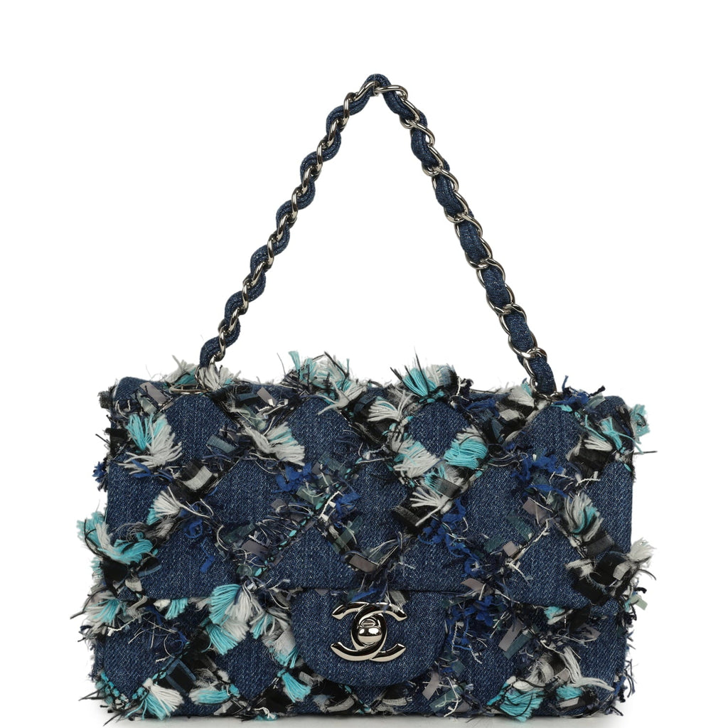 Mini Classic Rectangular Flap Bag Ribbon Tweed Blue Denim Silver Hardware
