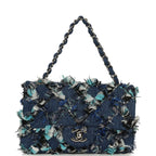 Mini Classic Rectangular Flap Bag Ribbon Tweed Blue Denim Silver Hardware