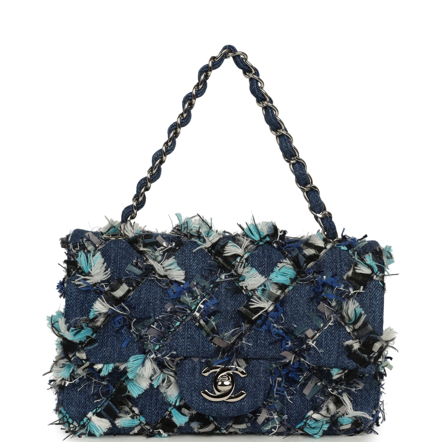 Mini Classic Rectangular Flap Bag Ribbon Tweed Blue Denim Silver Hardware