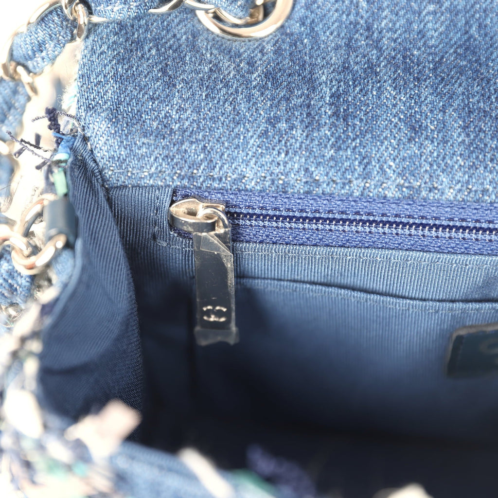 Mini Classic Rectangular Flap Bag Ribbon Tweed Blue Denim Silver Hardware