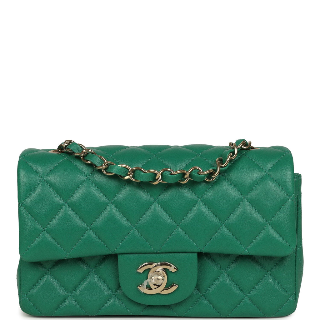 Mini Classic Rectangular Flap Bag Green Lambskin Light Gold Hardware