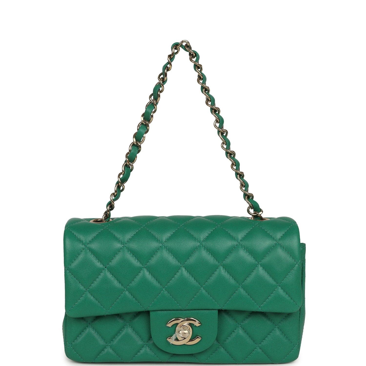 Mini Classic Rectangular Flap Bag Green Lambskin Light Gold Hardware