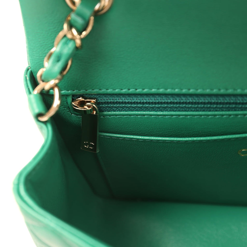 Mini Classic Rectangular Flap Bag Green Lambskin Light Gold Hardware