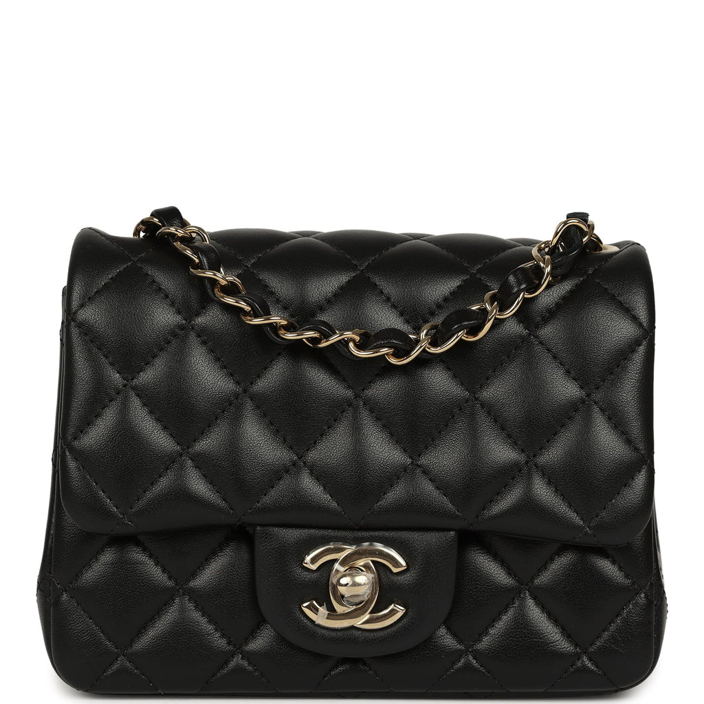 Mini Classic Square Flap Bag Black Lambskin Light Gold Hardware