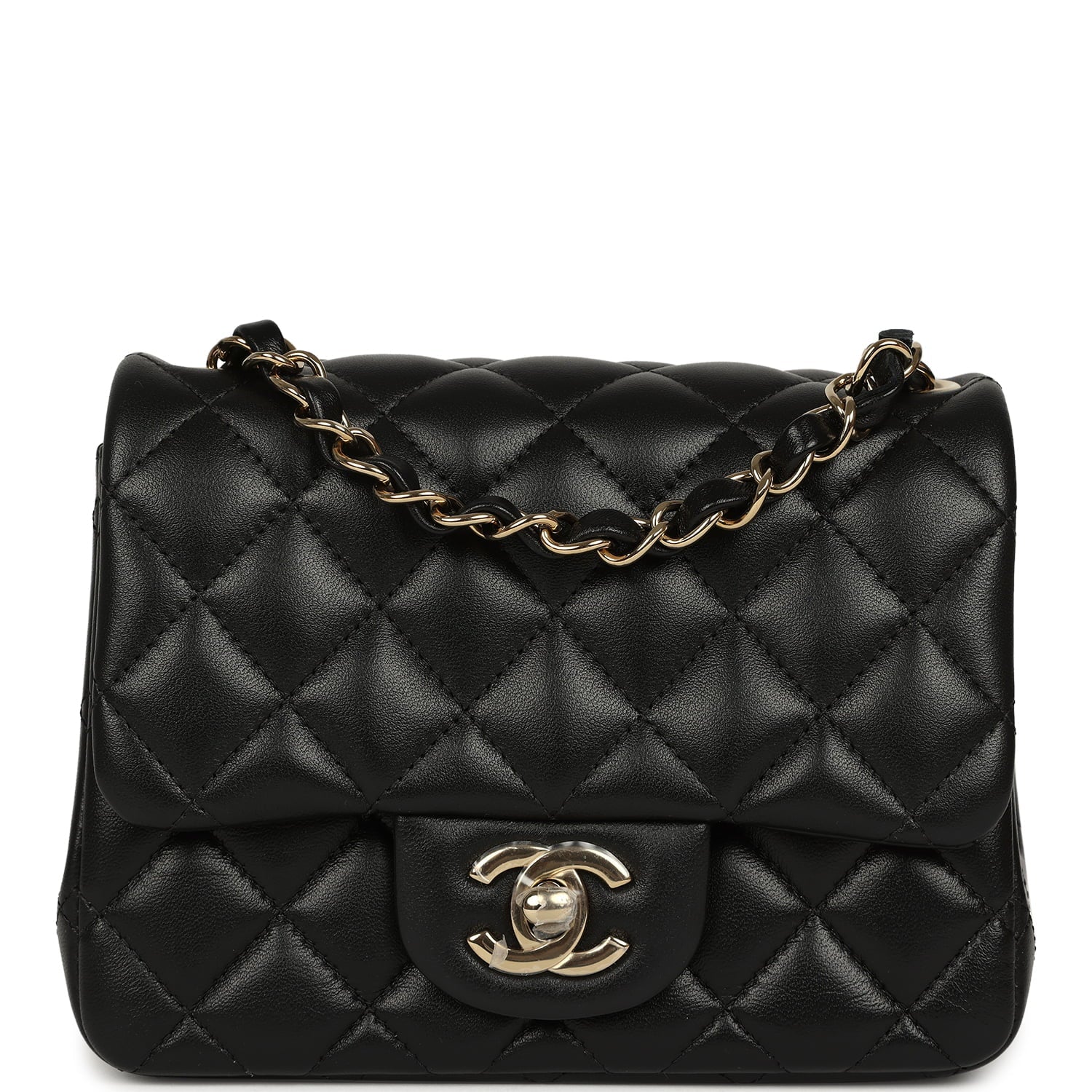 Mini Classic Square Flap Bag Black Lambskin Light Gold Hardware