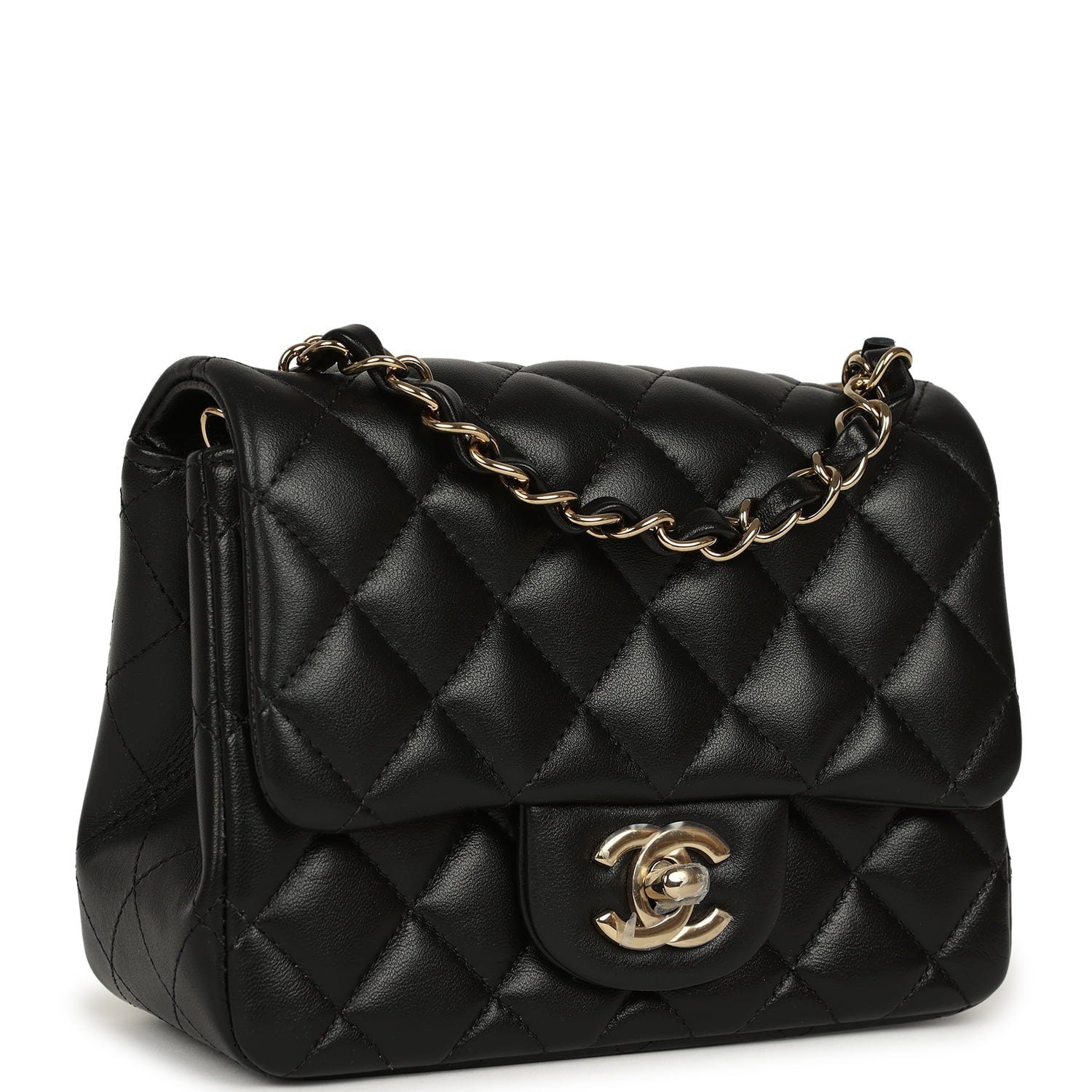 Mini Classic Square Flap Bag Black Lambskin Light Gold Hardware