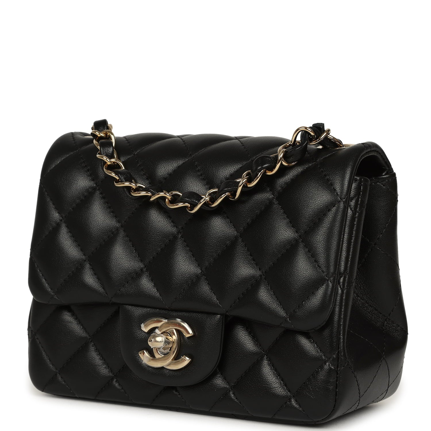 Mini Classic Square Flap Bag Black Lambskin Light Gold Hardware