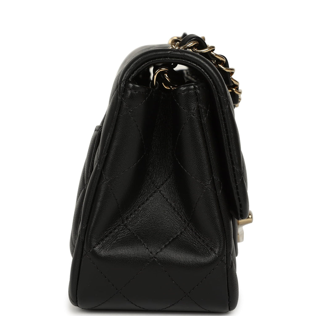 Mini Classic Square Flap Bag Black Lambskin Light Gold Hardware