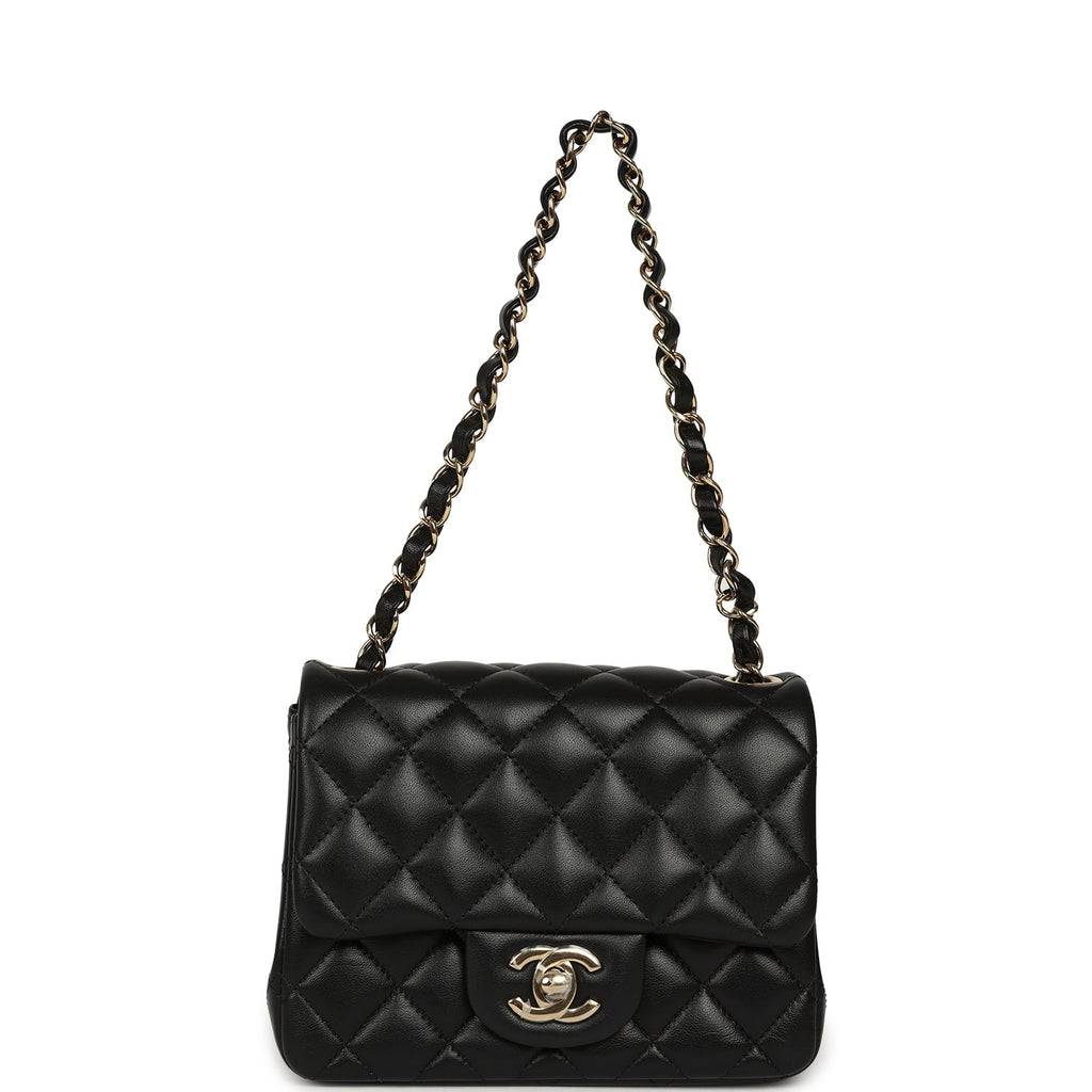 Mini Classic Square Flap Bag Black Lambskin Light Gold Hardware