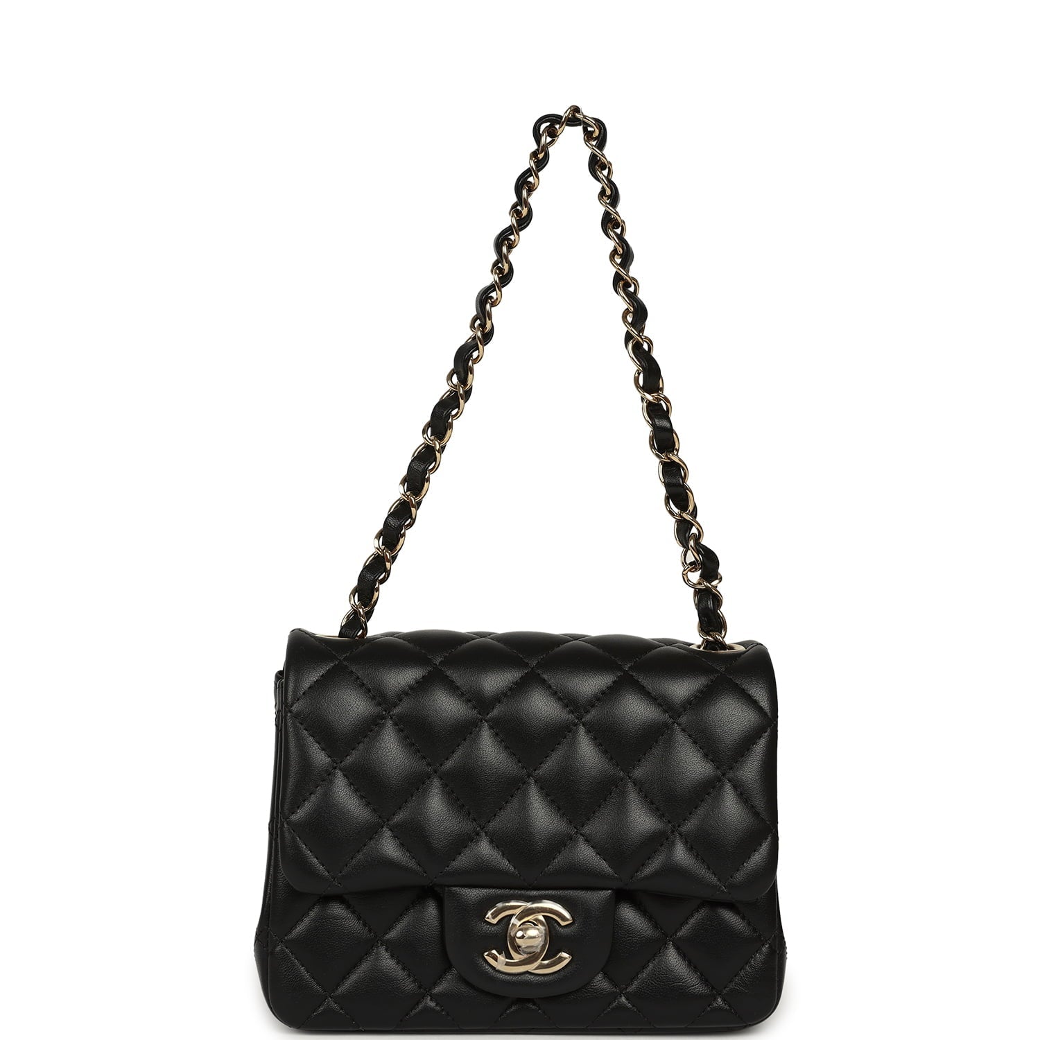 Mini Classic Square Flap Bag Black Lambskin Light Gold Hardware