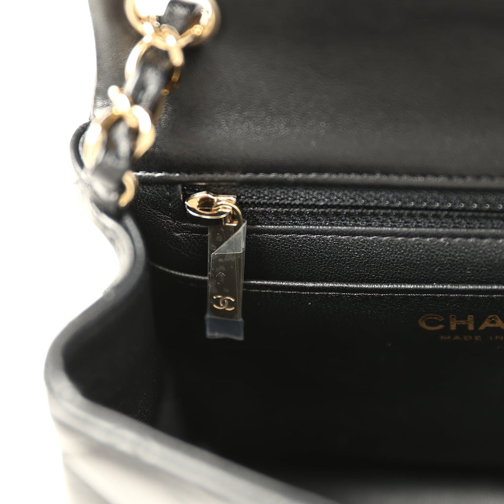 Mini Classic Square Flap Bag Black Lambskin Light Gold Hardware