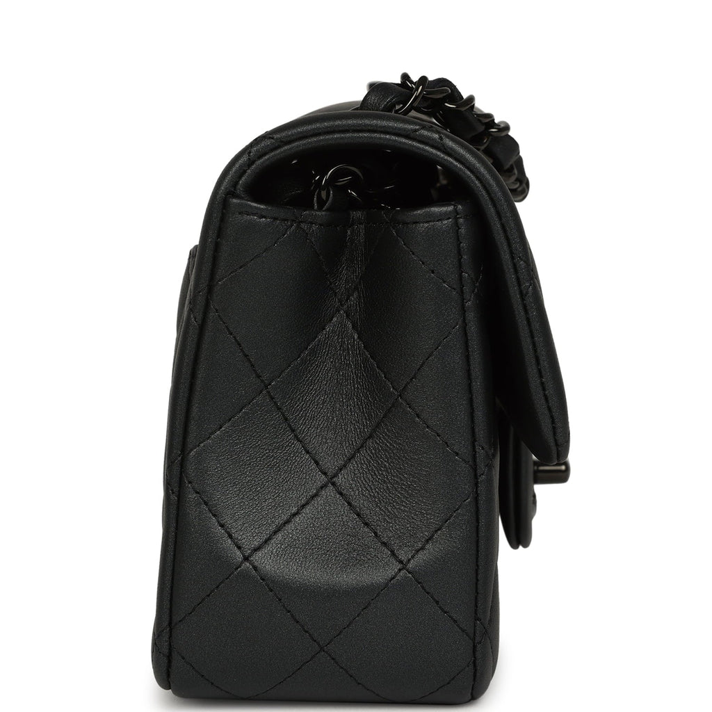 Mini Classic Rectangular Flap Bag So Black Iridescent Lambskin Black Hardware