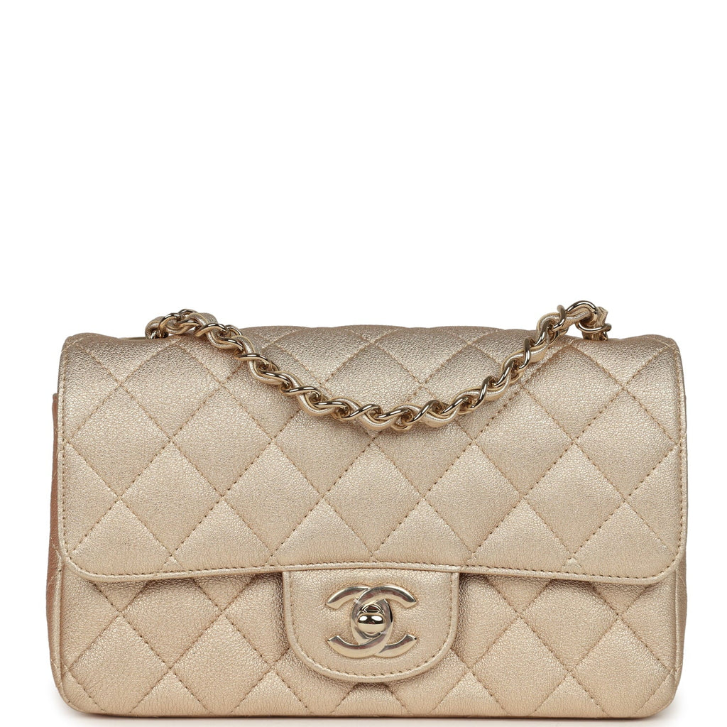 Chanel Mini Classic Rectangular Flap Bag Gold Grained Lambskin Caviar Light Gold Hardware