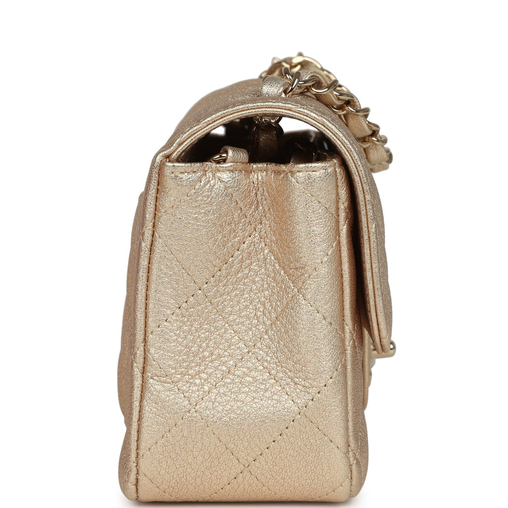 Mini Classic Rectangular Flap Bag Gold Grained Lambskin Caviar Light Gold Hardware