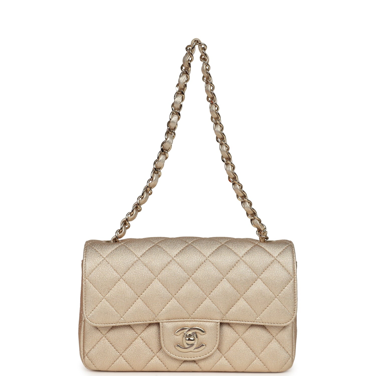 Chanel Mini Classic Rectangular Flap Bag Gold Grained Lambskin Caviar Light Gold Hardware