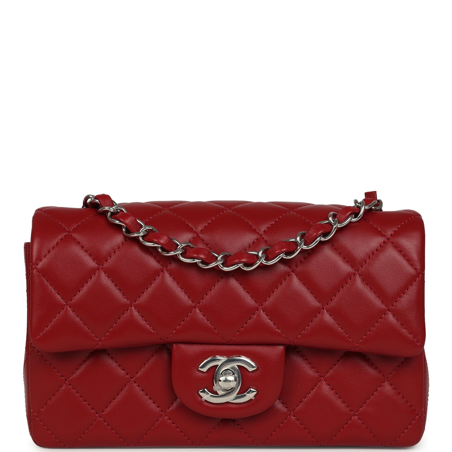 Mini Classic Rectangular Flap Bag Red Lambskin Silver Hardware