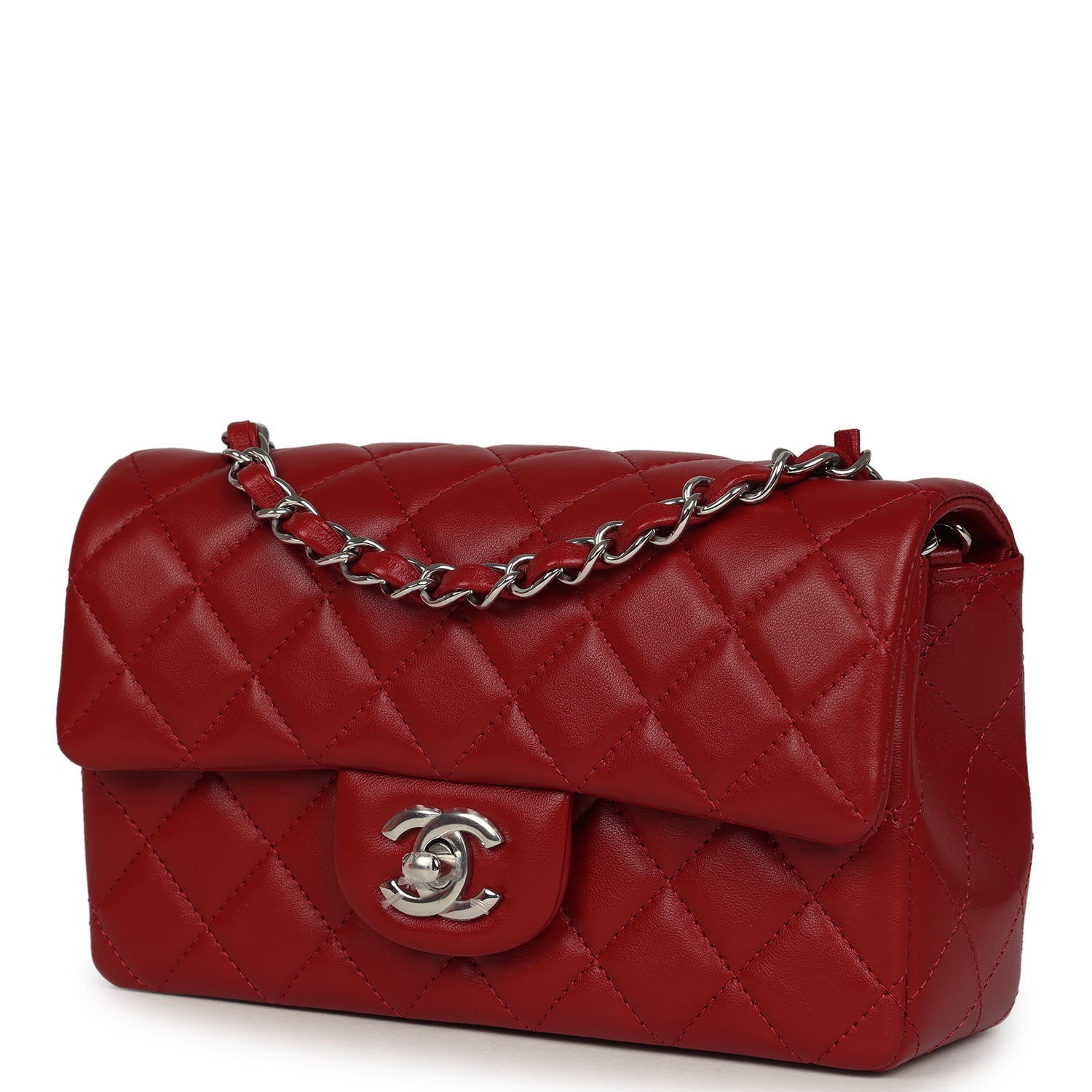 Mini Classic Rectangular Flap Bag Red Lambskin Silver Hardware