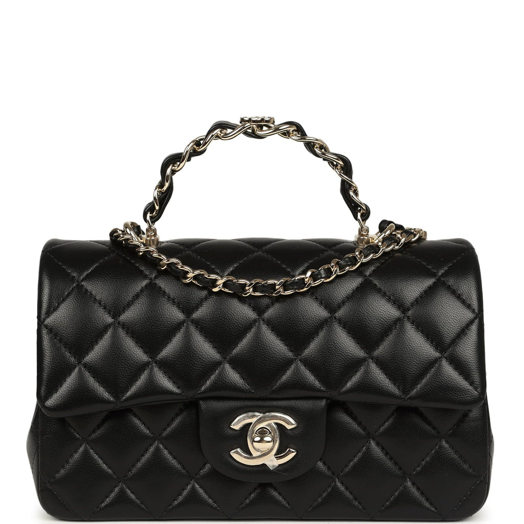 Mini Classic Rectangular Top Handle Flap Bag Black Lambskin Light Gold Hardware