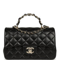 Mini Classic Rectangular Top Handle Flap Bag Black Lambskin Light Gold Hardware
