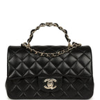 Mini Classic Rectangular Top Handle Flap Bag Black Lambskin Light Gold Hardware