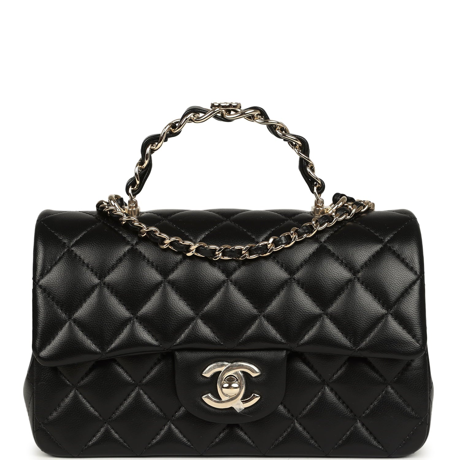 Mini Classic Rectangular Top Handle Flap Bag Black Lambskin Light Gold Hardware