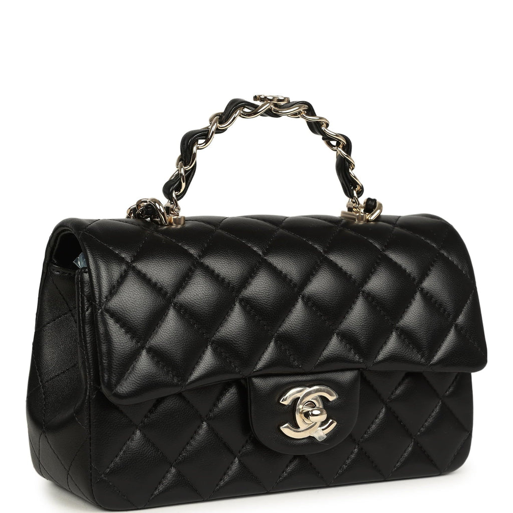 Mini Classic Rectangular Top Handle Flap Bag Black Lambskin Light Gold Hardware