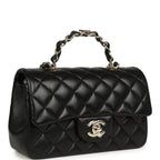 Mini Classic Rectangular Top Handle Flap Bag Black Lambskin Light Gold Hardware
