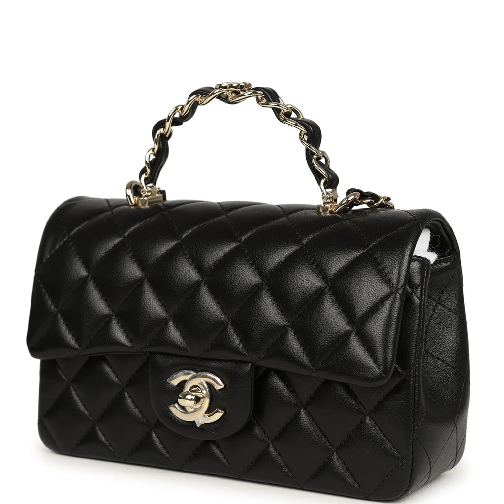 Mini Classic Rectangular Top Handle Flap Bag Black Lambskin Light Gold Hardware