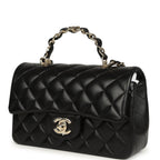 Mini Classic Rectangular Top Handle Flap Bag Black Lambskin Light Gold Hardware