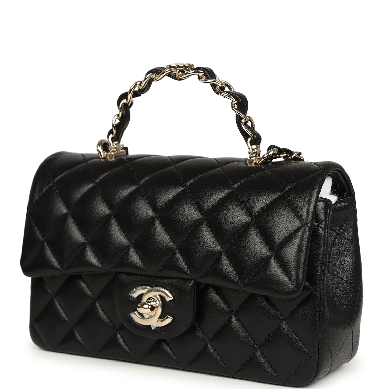 Mini Classic Rectangular Top Handle Flap Bag Black Lambskin Light Gold Hardware