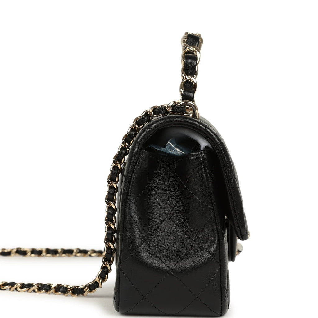 Mini Classic Rectangular Top Handle Flap Bag Black Lambskin Light Gold Hardware