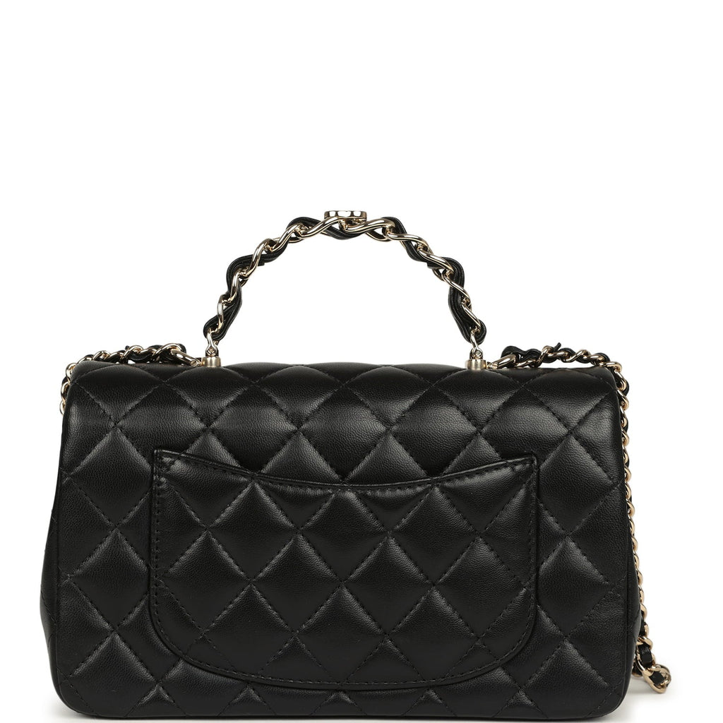 Mini Classic Rectangular Top Handle Flap Bag Black Lambskin Light Gold Hardware