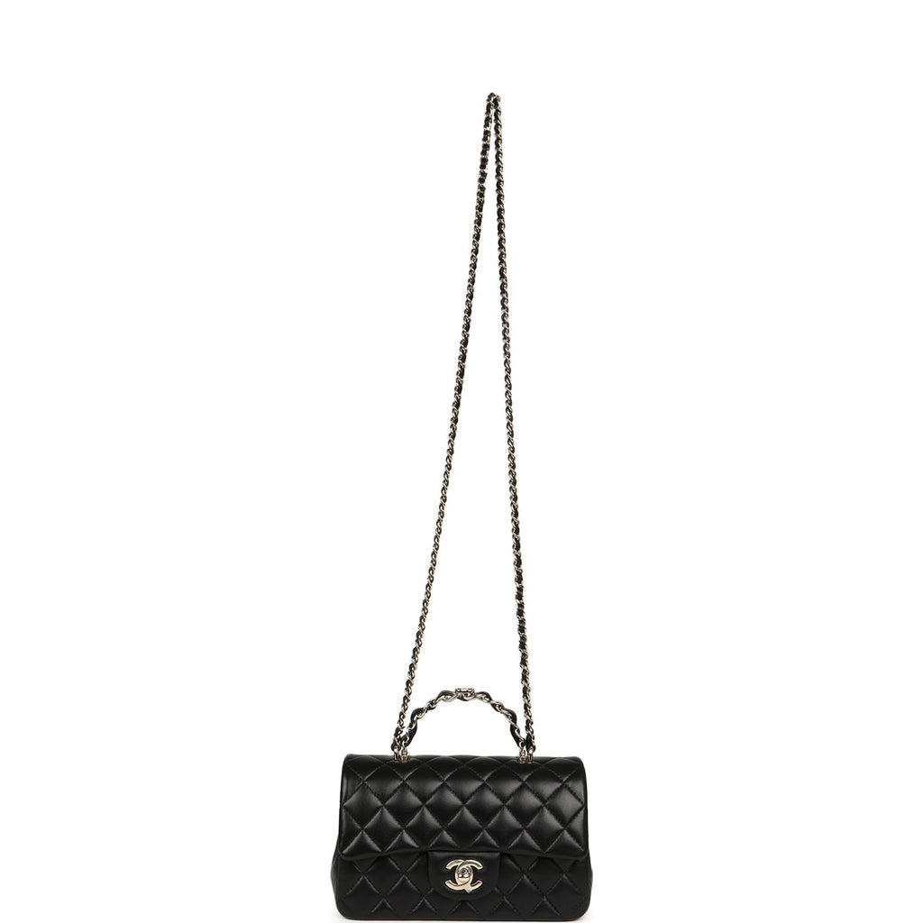 Mini Classic Rectangular Top Handle Flap Bag Black Lambskin Light Gold Hardware