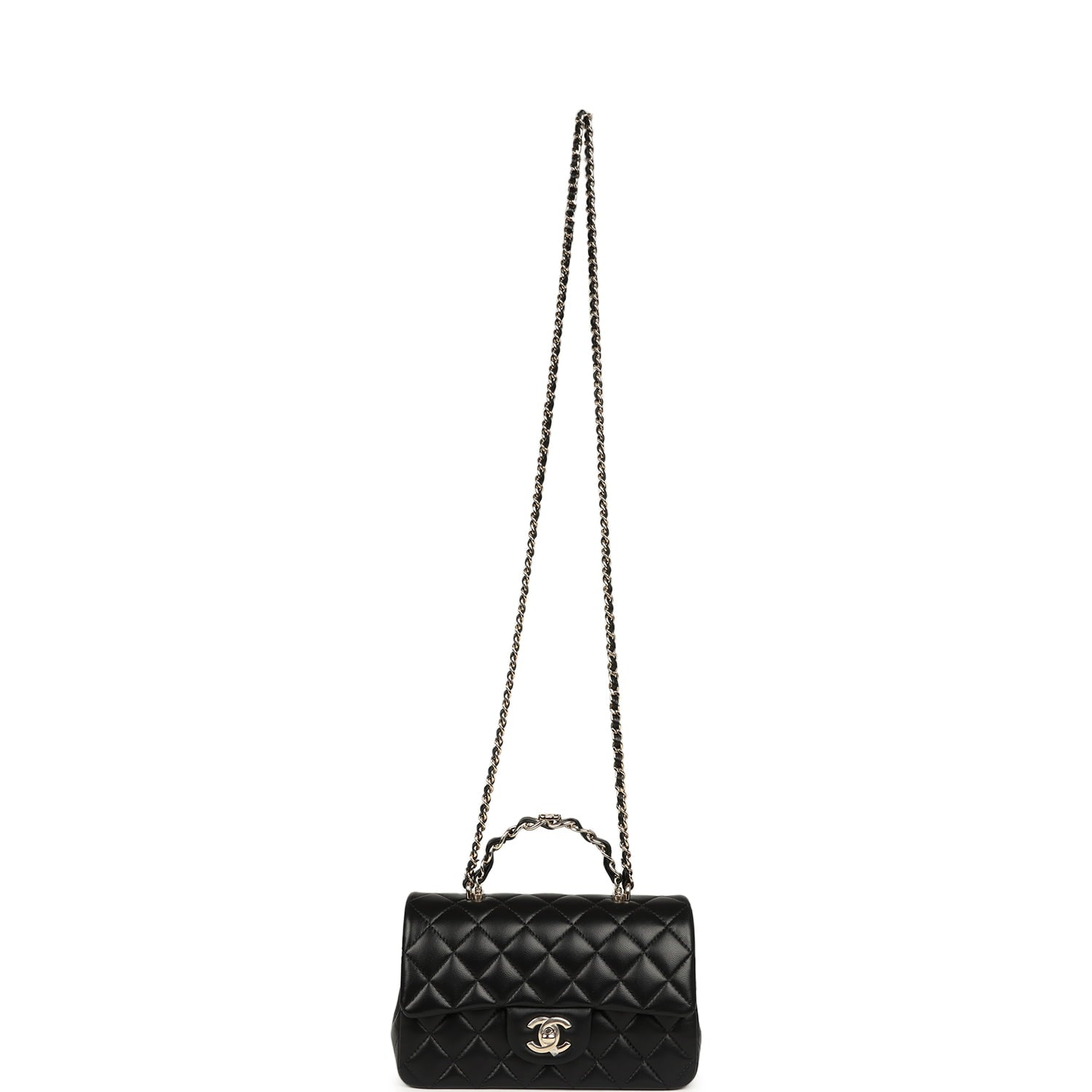 Mini Classic Rectangular Top Handle Flap Bag Black Lambskin Light Gold Hardware