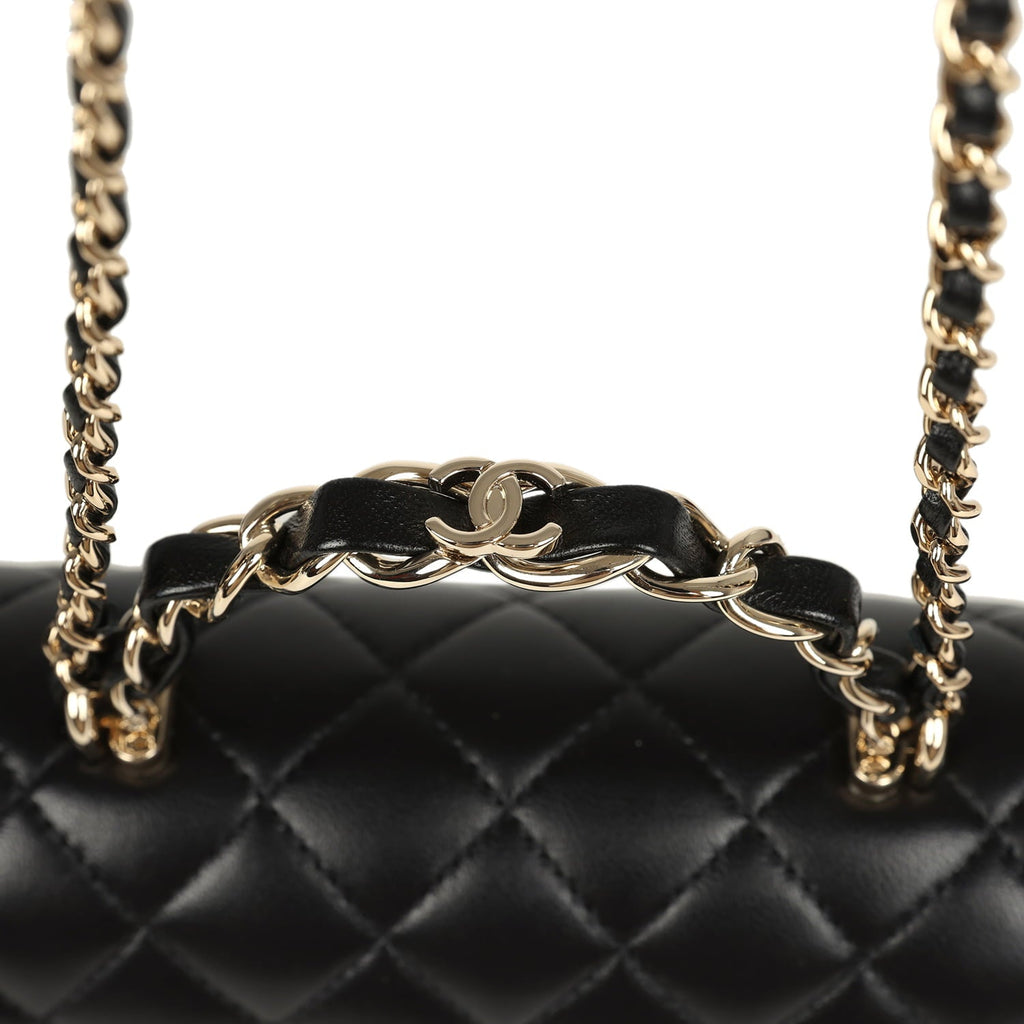 Mini Classic Rectangular Top Handle Flap Bag Black Lambskin Light Gold Hardware