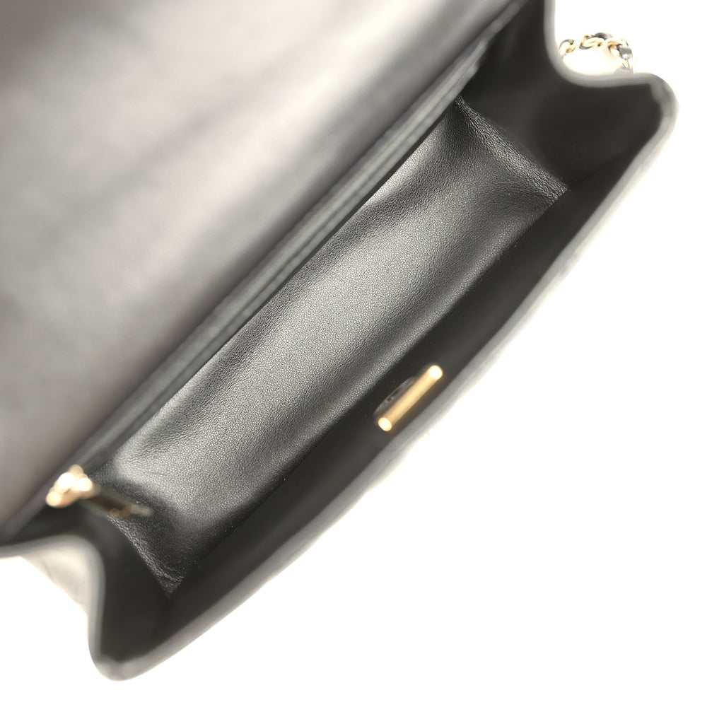 Mini Classic Rectangular Top Handle Flap Bag Black Lambskin Light Gold Hardware