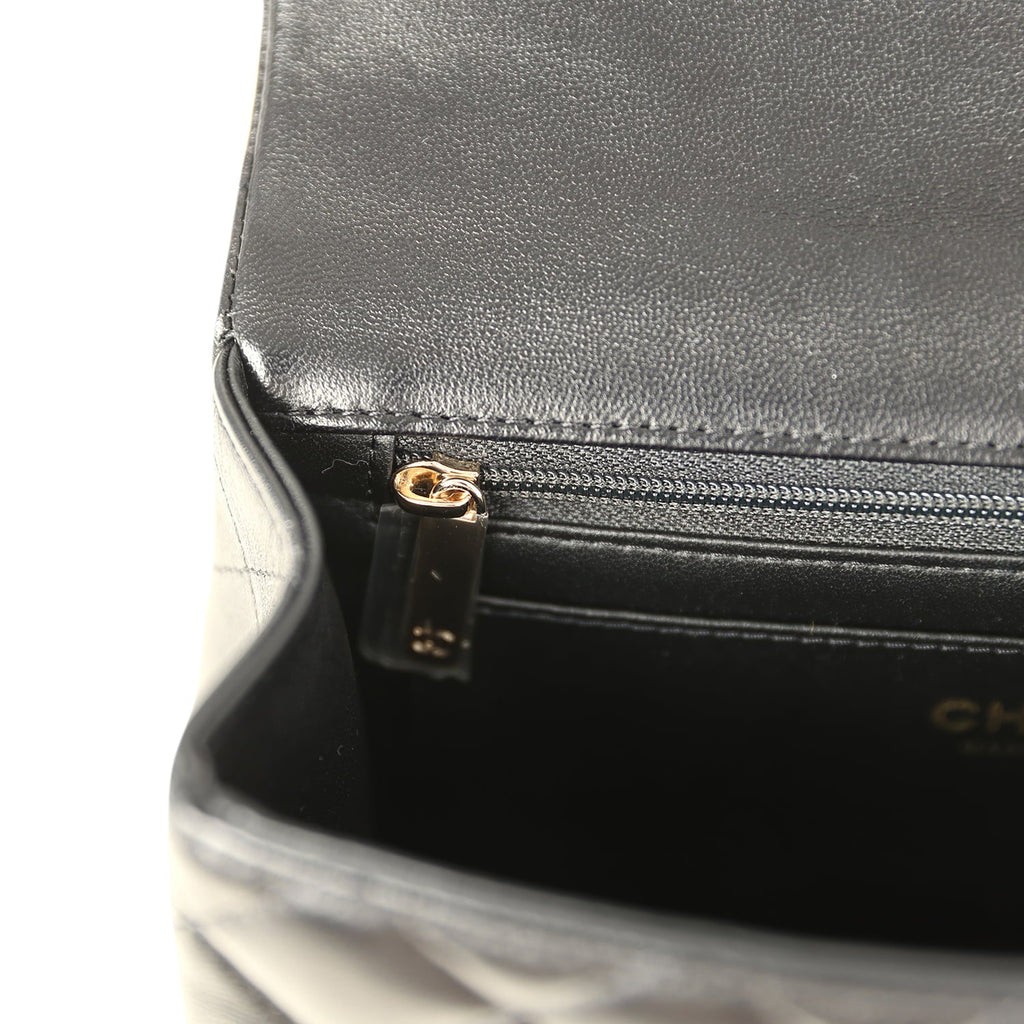 Mini Classic Rectangular Top Handle Flap Bag Black Lambskin Light Gold Hardware