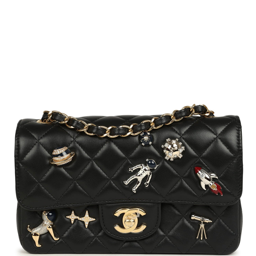 Mini Classic "Space Charms" Rectangular Flap Bag Black Lambskin Gold Hardware