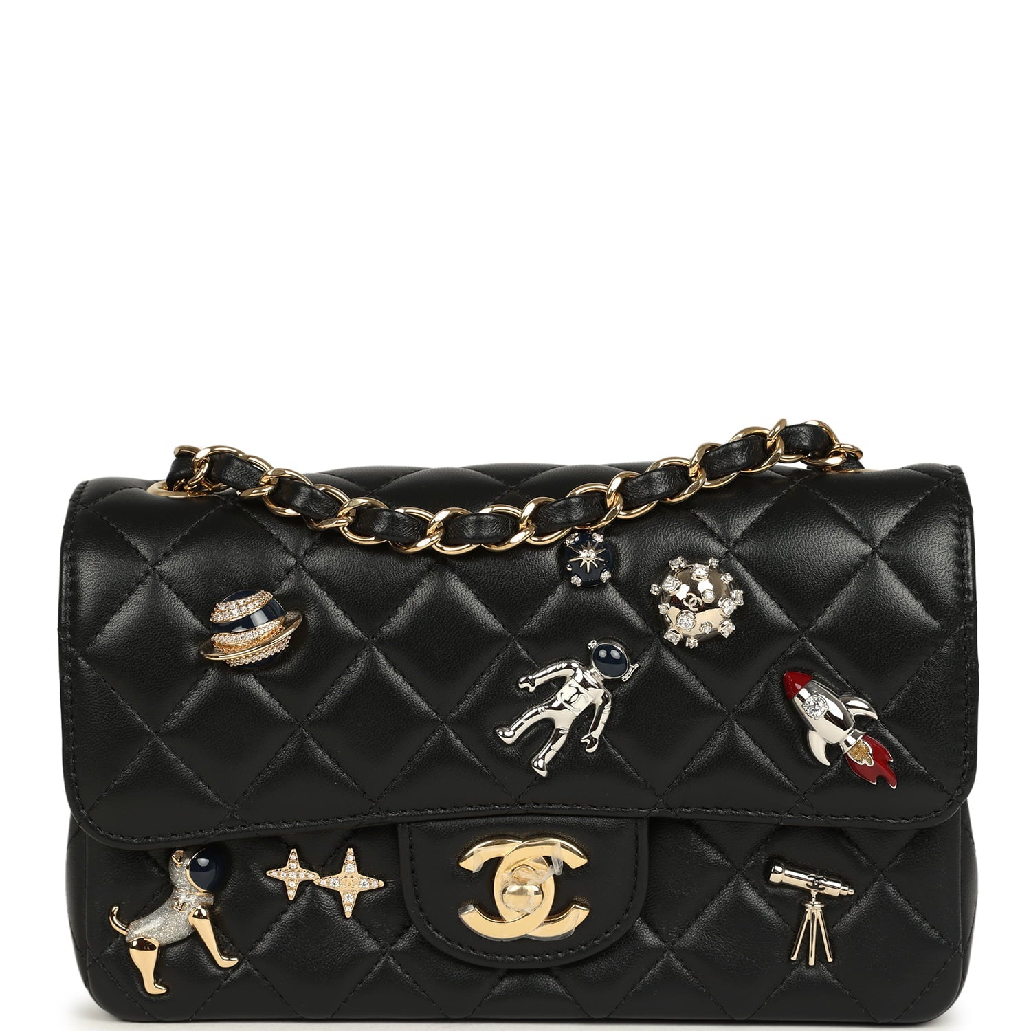 Mini Classic "Space Charms" Rectangular Flap Bag Black Lambskin Gold Hardware