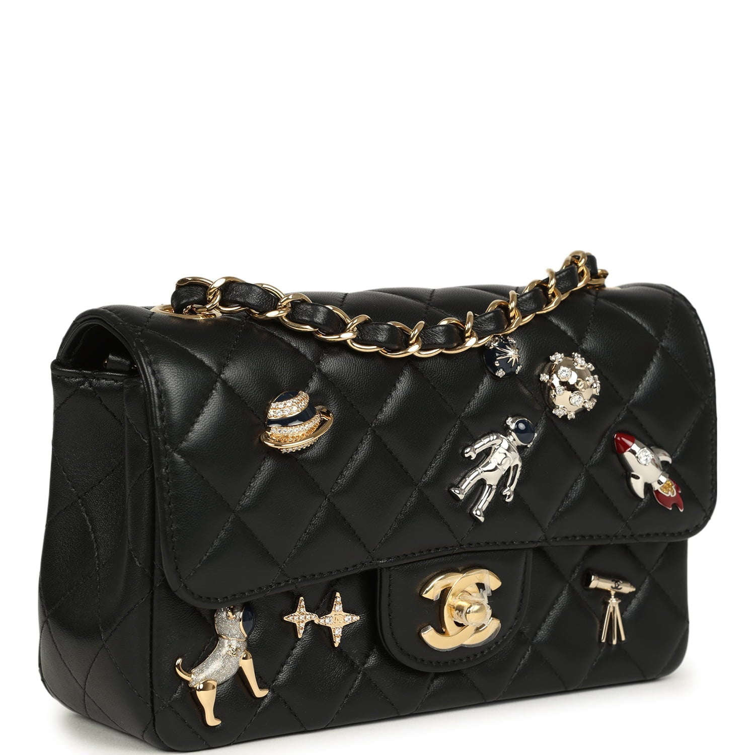 Mini Classic "Space Charms" Rectangular Flap Bag Black Lambskin Gold Hardware